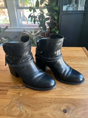 freebird black leather western ankle boots with stacked heel
